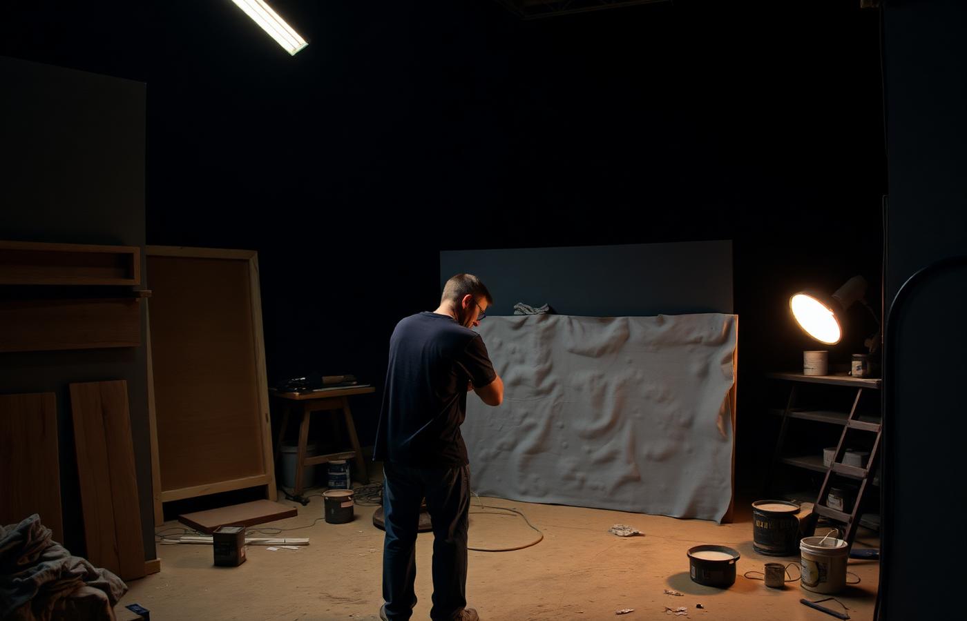 Set builder texturing a painted flat on the SceneCraft fabrication floor